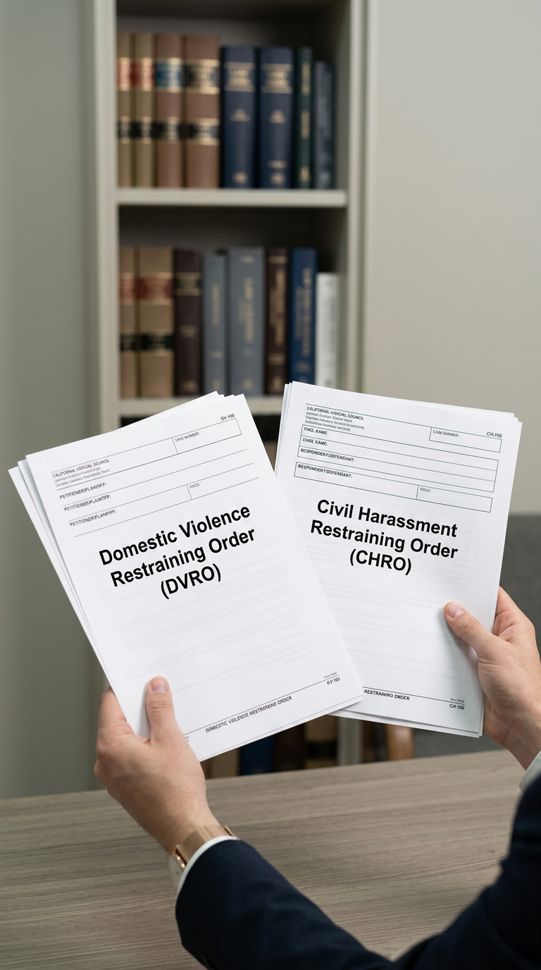 paperwork showing Domestic Violence Restraining Order and Civil Harassment Restraining Order