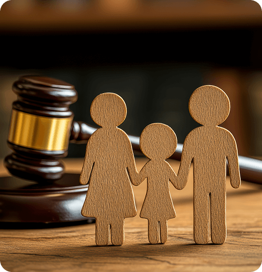 small wooden cutouts of parents with child and gavel in background