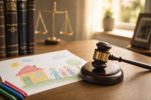 A judge's gavel resting beside a child's crayon drawing of a family, symbolizing how courts weigh a child's perspective in parenting plan decisions.