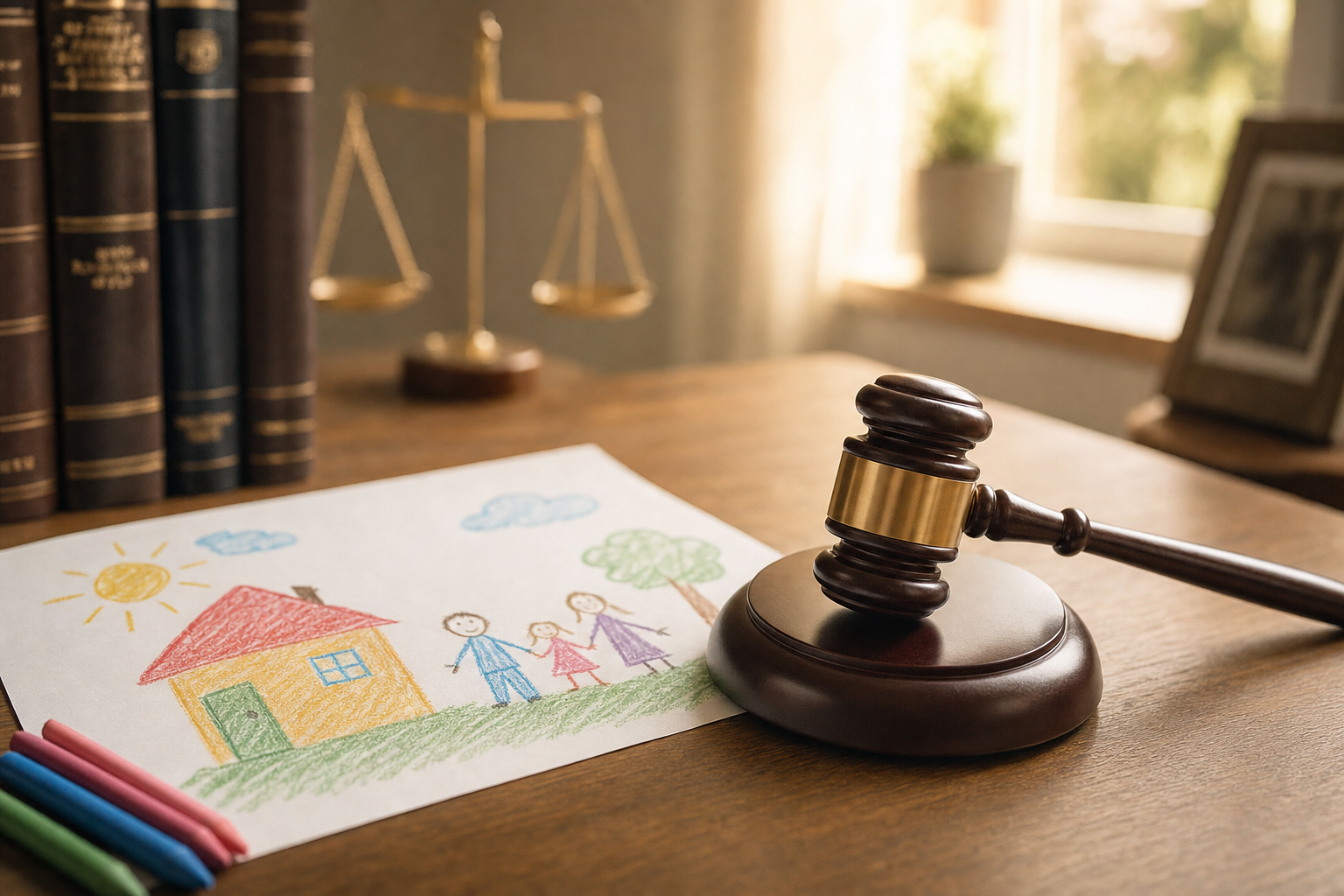 A judge's gavel resting beside a child's crayon drawing of a family, symbolizing how courts weigh a child's perspective in parenting plan decisions.