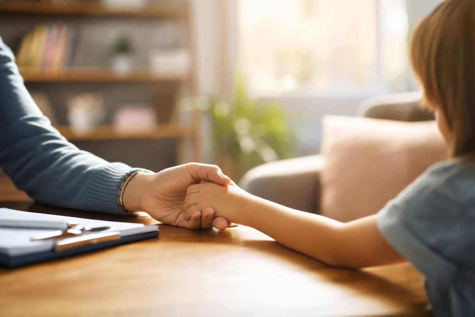 A caring adult holding a child's hand across a table, representing emotional support for children going through their parents' divorce or custody case.