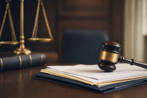 Judge's gavel resting on a stack of legal documents beside brass scales of justice, symbolizing a family court contempt hearing