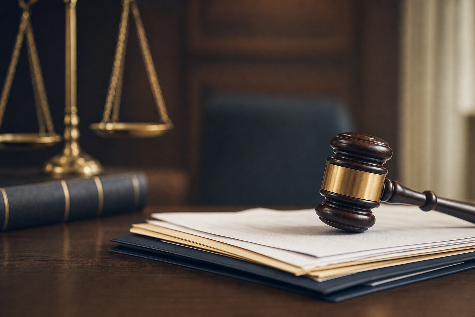 Judge's gavel resting on a stack of legal documents beside brass scales of justice, symbolizing a family court contempt hearing