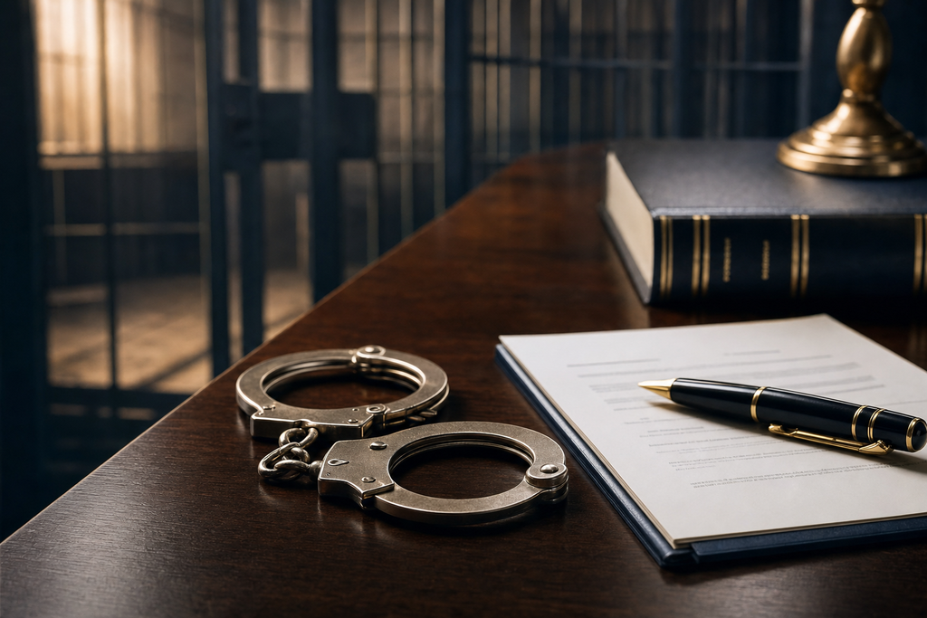 Handcuffs resting on a legal document beside a courtroom desk, representing the fines and potential jail time at stake in a family law contempt citation