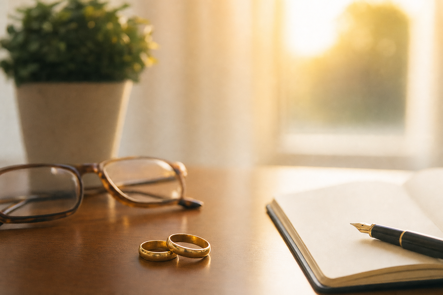 Two gold wedding rings beside reading glasses and an open notebook with a fountain pen, symbolizing a later-life gray divorce in California.
