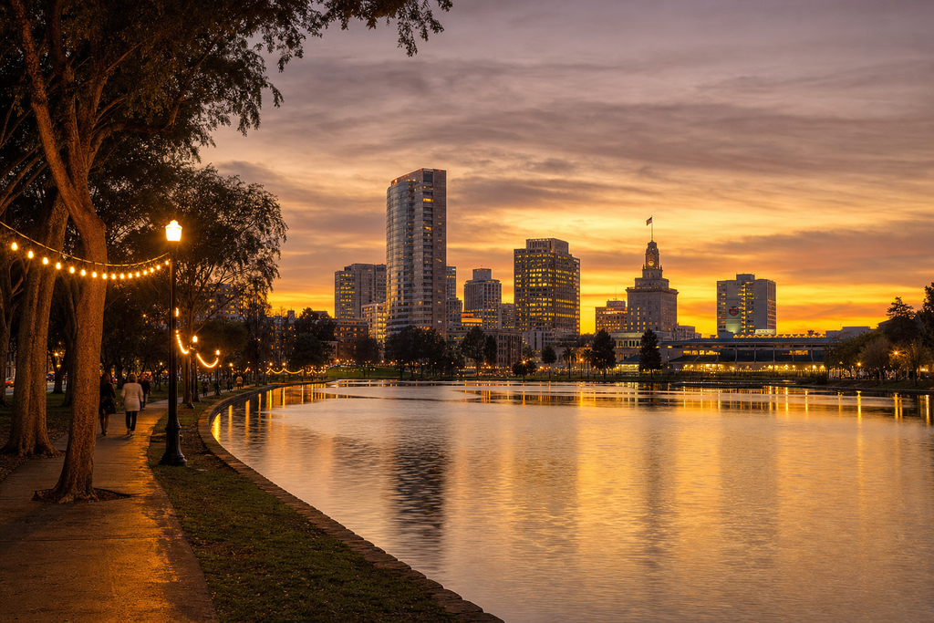 Golden hour view of Lake Merritt and the Oakland skyline