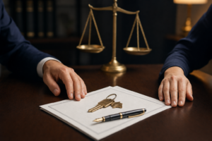 Hands resting on a signed cohabitation agreement with house keys and a pen on a desk, symbolizing a Marvin claim agreement between unmarried partners