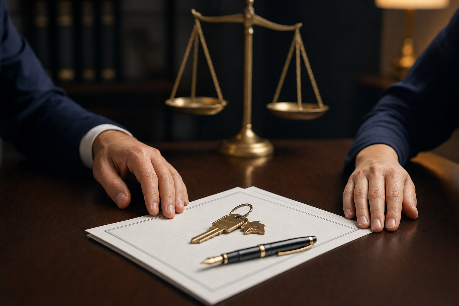 Hands resting on a signed cohabitation agreement with house keys and a pen on a desk, symbolizing a Marvin claim agreement between unmarried partners