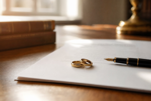Wedding rings and a fountain pen resting on a signed premarital agreement